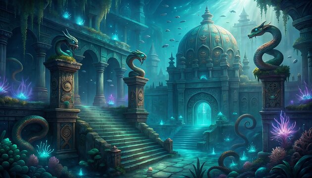 Image of Nagaloka, the ancient Indian city of snakes underwater as mentioned in the Indian epic Mahabharata