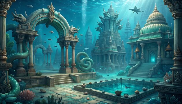 Image of Nagaloka, the ancient Indian city of snakes underwater as mentioned in the Indian epic Mahabharata