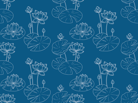 Elegant Lotus Flower Seamless Pattern with White Line Art on Blue Background. Perfect for elegant textile design, luxury packaging, wallpapers, stationery, and oriental-themed creative projects.