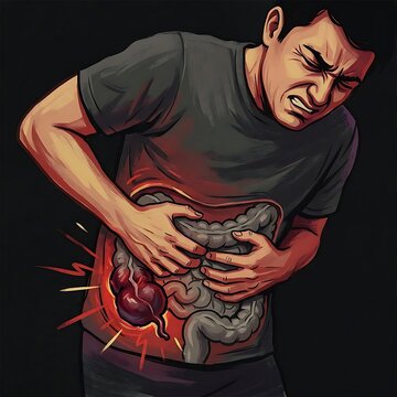 a person clutching their lower right side, appendix shown as a dark, swollen, infected sac. Face shows acute pain