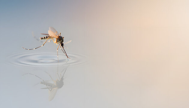 Minimalist macro photograph of a single mosquito on water surface for World Mosquito Day awareness concept