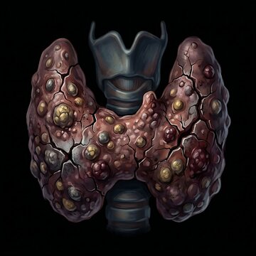 A human thyroid filled with nodules and cracks, symbolizing thyroid disease or damage.	
