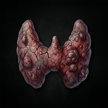 A human thyroid filled with nodules and cracks, symbolizing thyroid disease or damage.	

