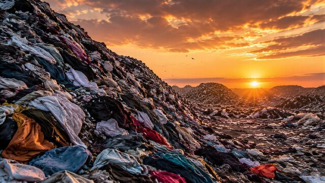 Clothing waste mounds at sunset in open landfill setting