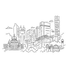 Naklejka premium Bengaluru City Skyline with Vidhana Soudha and Metro Line Art Vector Illustration