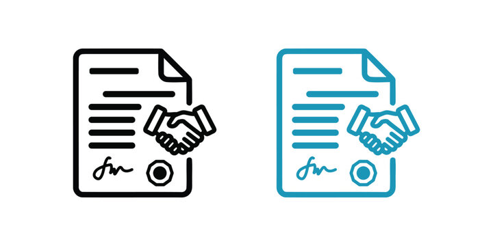 Contract agreement icon with handshake and signature line art style in black and teal deal
