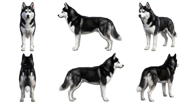 Husky Dog in Multiple Poses: A majestic husky dog is showcased in various poses, highlighting its striking black and white coat, erect ears, and alert expression.