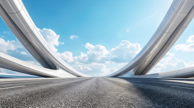 Empty asphalt highway road passing under modern futuristic parametric bridge structure with blue sky and clouds.