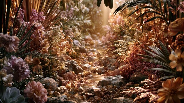 Sunbeams light an enchanting garden path with golden flowers and rocks. Ideal for fantasy book covers or spiritual.