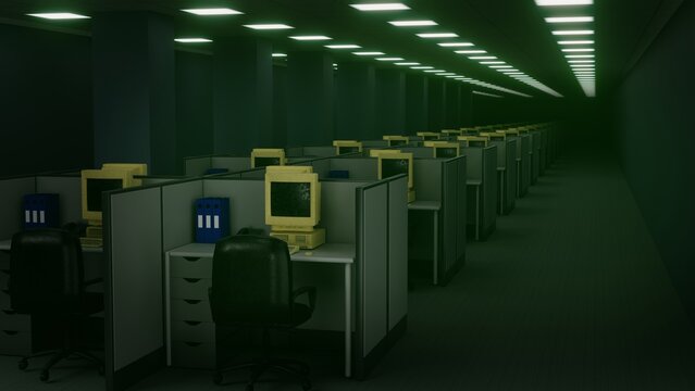 Empty Office Cubicles with Vintage Computers in Liminal Space Environment