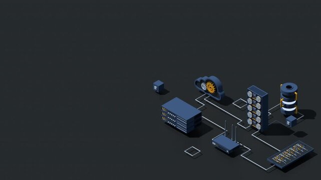 3D isometric cloud technology with server animation. Isometric server and hosting storage technology. Web hosting concept. Isometric technology. 4K video animated in isometric style
