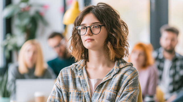 Young Gen Z female employee staring blankly during a boring meeting in a modern creative office, daydreaming and unmotivated