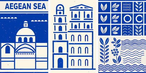 vintage block print style posters featuring greek architecture and symbols aegean sea blue white building temple wave pattern icon travel tourism history culture © Ramendranath