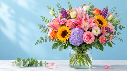 Fototapeta premium Colorful bouquet of mixed flowers in glass vase on table