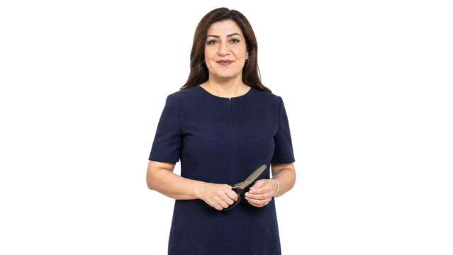 Confident Middle-Aged Woman Holding Scissors in Navy Blue Dress Isolated on Transparent Background