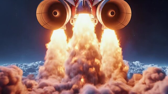 Rocket engines ablaze, thrusting through atmospheric clouds into the starry night