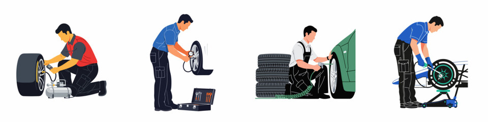 Obraz premium Set of flat illustrations showing professional mechanics performing various tire services including inflation, pressure check, and changing wheels on a white background.