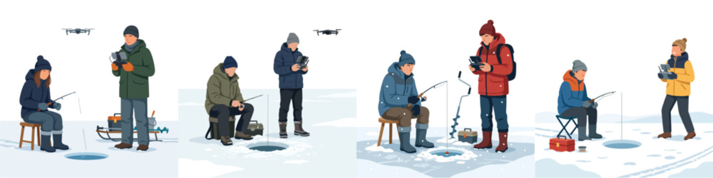 Collection of diverse people ice fishing on a frozen lake in winter clothing illustration set