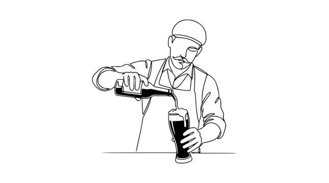 Bartender pouring dark beer into glass, single line drawing, minimal style