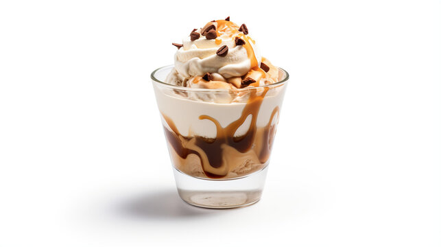 Caramel Drizzle Delight: A decadent dessert in a clear glass, featuring layers of creamy goodness, swirls of rich caramel, and topped with whipped cream and chocolate chips, offering a tempting treat.
