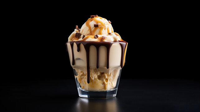 Delectable Sundae Creation: A rich and creamy ice cream sundae, generously drizzled with decadent chocolate syrup and adorned with chocolate chips, served in a clear glass.