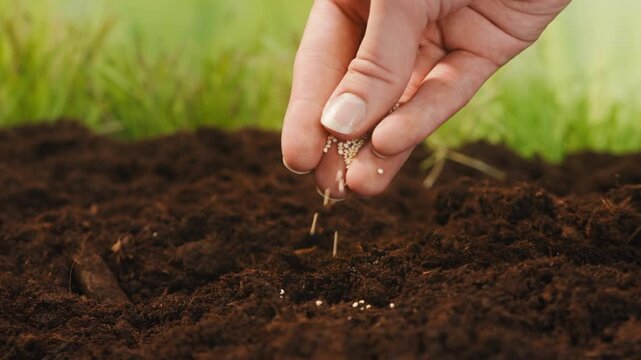 Hand sows small seeds into rich dark soil to begin the planting process in a garden.