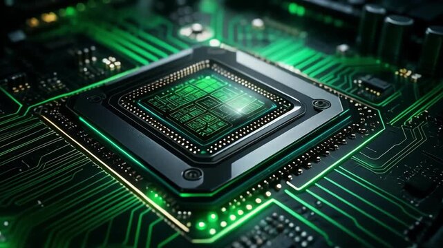 Close-up of a microchip on a green printed circuit board with glowing traces