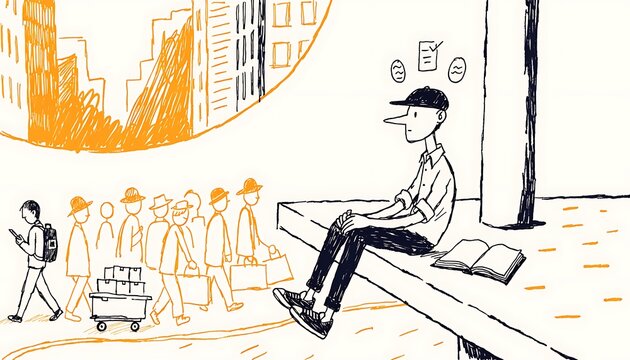 A thoughtful young man observing a bustling urban crowd from a quiet platform in a whimsical hand-drawn style sketch