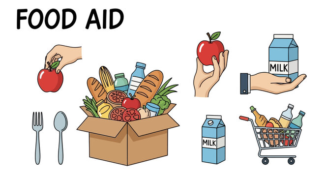 Food box donations and grocery items are illustrated to represent charitable community assistance programs.