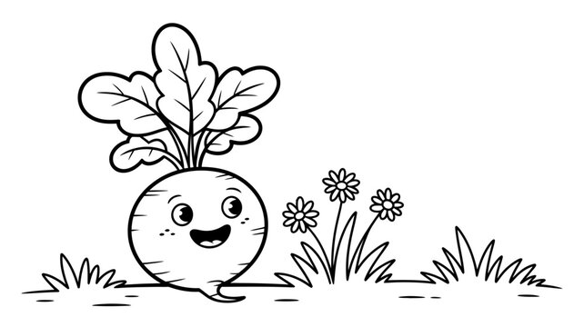 Cute cartoon turnip character with leaves standing in field black and white graphic vegetable character agriculture