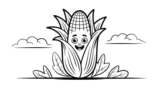 Funny corn cob character with smiling face and husk leaves outline vegetable character agriculture illustration