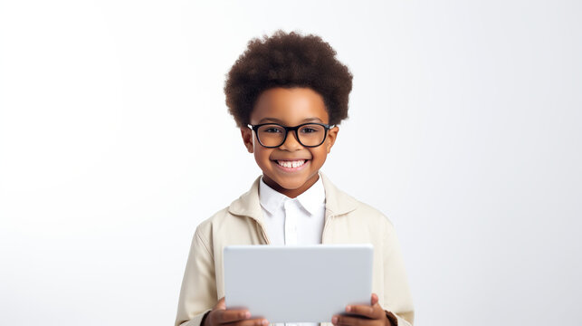 Young Visionary with Tablet: A smiling young boy with an afro and glasses, dressed in a blazer, holds a tablet computer, embodying the spirit of innovation and future potential.