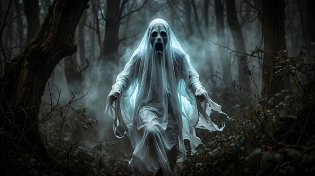 Spooky halloween ghost apparition in dark forest a terrifying halloween night scene for horror and thriller themes