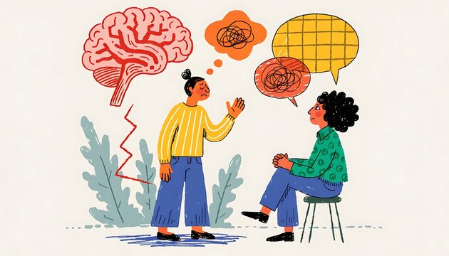 Hand drawn illustration of a therapy session between two individuals focusing on mental health, clear communication, and emotional processing