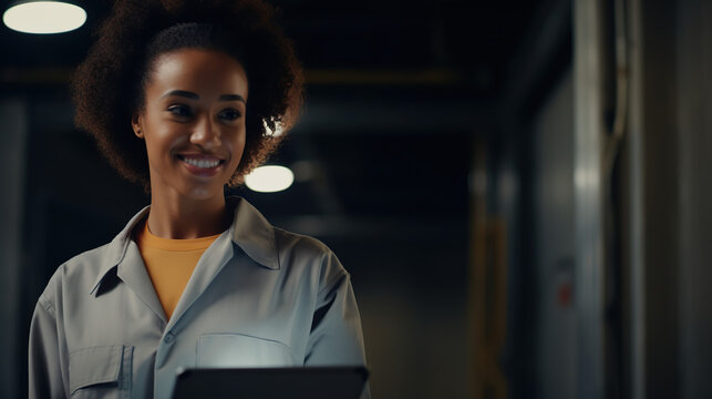 Engineer with Tablet in Industrial Hallway: A smiling female engineer, with curly dark hair and wearing a work jacket, holds a tablet computer and walks down a modern industrial hallway.
