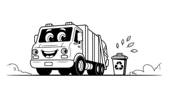 Cute cartoon garbage truck character recycling waste illustration with recycling character illustration environment