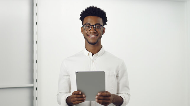 Smiling Man with Tablet: A confident young Black man wearing glasses and a white shirt smiles warmly at the camera while holding a tablet.