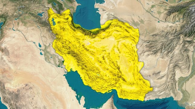 Satellite map of Iran showing population density distribution in yellow and black