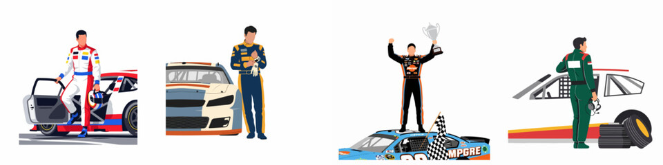 Fototapeta premium Set of professional race car driver illustrations featuring stock cars, showing racing preparation and victory celebration scenes in a clean flat vector style.