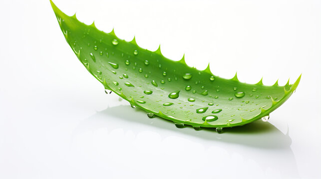 Aloe Vera Leaf with Water Droplets: A vibrant green aloe vera leaf, glistening with water droplets, lies on a reflective surface, showcasing its natural beauty and medicinal properties.