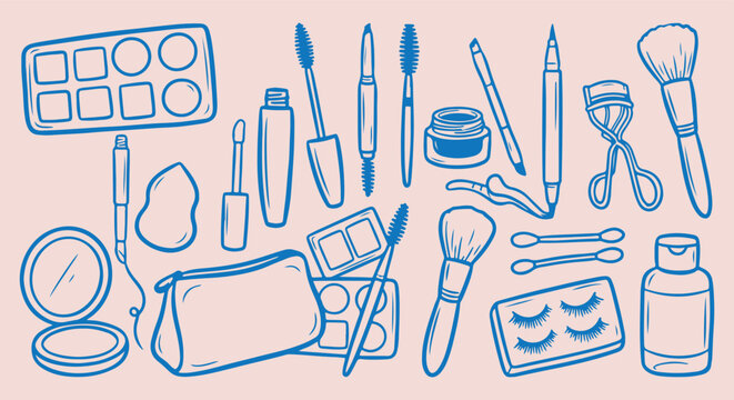 hand drawn beauty makeup seamless pattern, vintage makeup tools vector illustration, blue cosmetics line art background, makeup brush sketch fabric print, vanity products wallpaper design, hand drawn 
