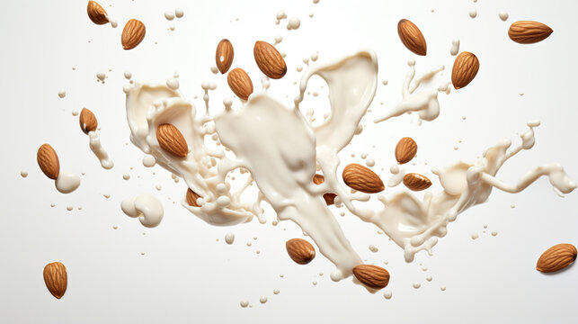 Almond Milk Splash: A dynamic explosion of creamy almond milk is captured mid-air, surrounded by a scattering of whole almonds, creating a refreshing and visually appealing beverage advertisement.