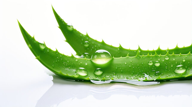 Aloe Vera Leaf with Water Droplets: A close-up of two vibrant green aloe vera leaves, glistening with numerous water droplets, suggesting freshness and natural hydration.