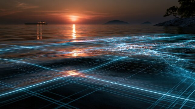 Futuristic digital grid overlays glowing ocean waves at sunset. Data stream concept for technology and nature.