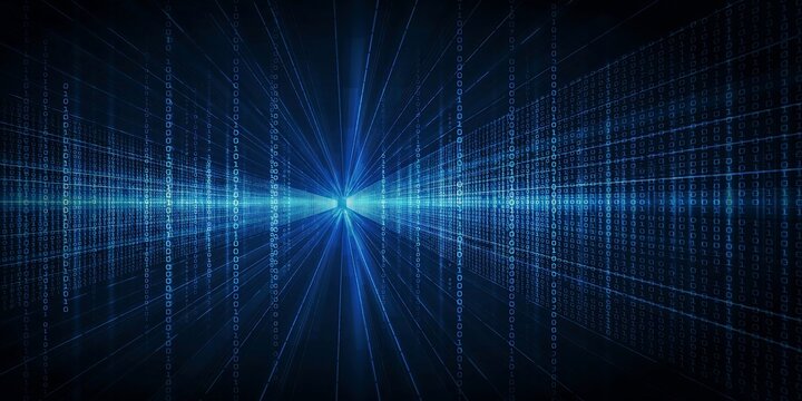 Blue digital binary code background, with converging light, rays and grid, perspective lines