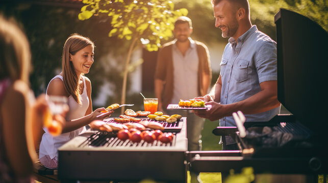 Summer Barbecue Joy: Friends and family gather around a sizzling barbecue grill in a sun-drenched backyard, enjoying delicious food and warm company.