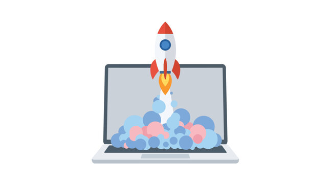 Startup rocket launching from laptop screen symbolic of business growth flat vector illustration for tech company website launch promotions