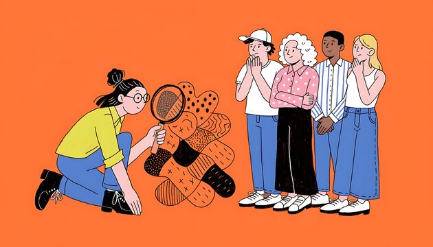 Illustration of a person examining socks with a magnifying glass while a group of people look on
