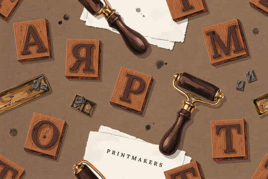 Printmaking workshop background, with wooden letter, stamps, ink rollers, and scattered paper, sheets on a, textured brown surface, for artistic craft