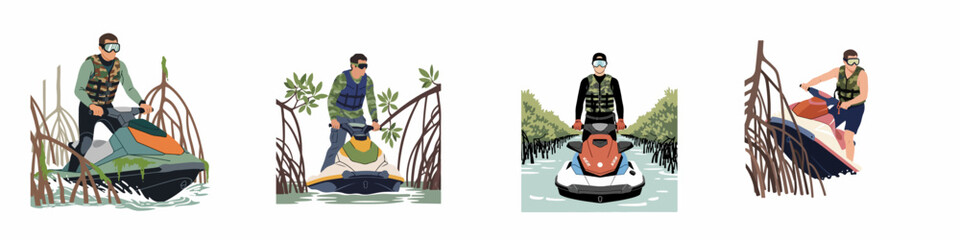 Vector illustration set featuring men riding personal watercraft through lush mangrove forests, depicting outdoor adventure, water sports, and exploration in nature. © Reno